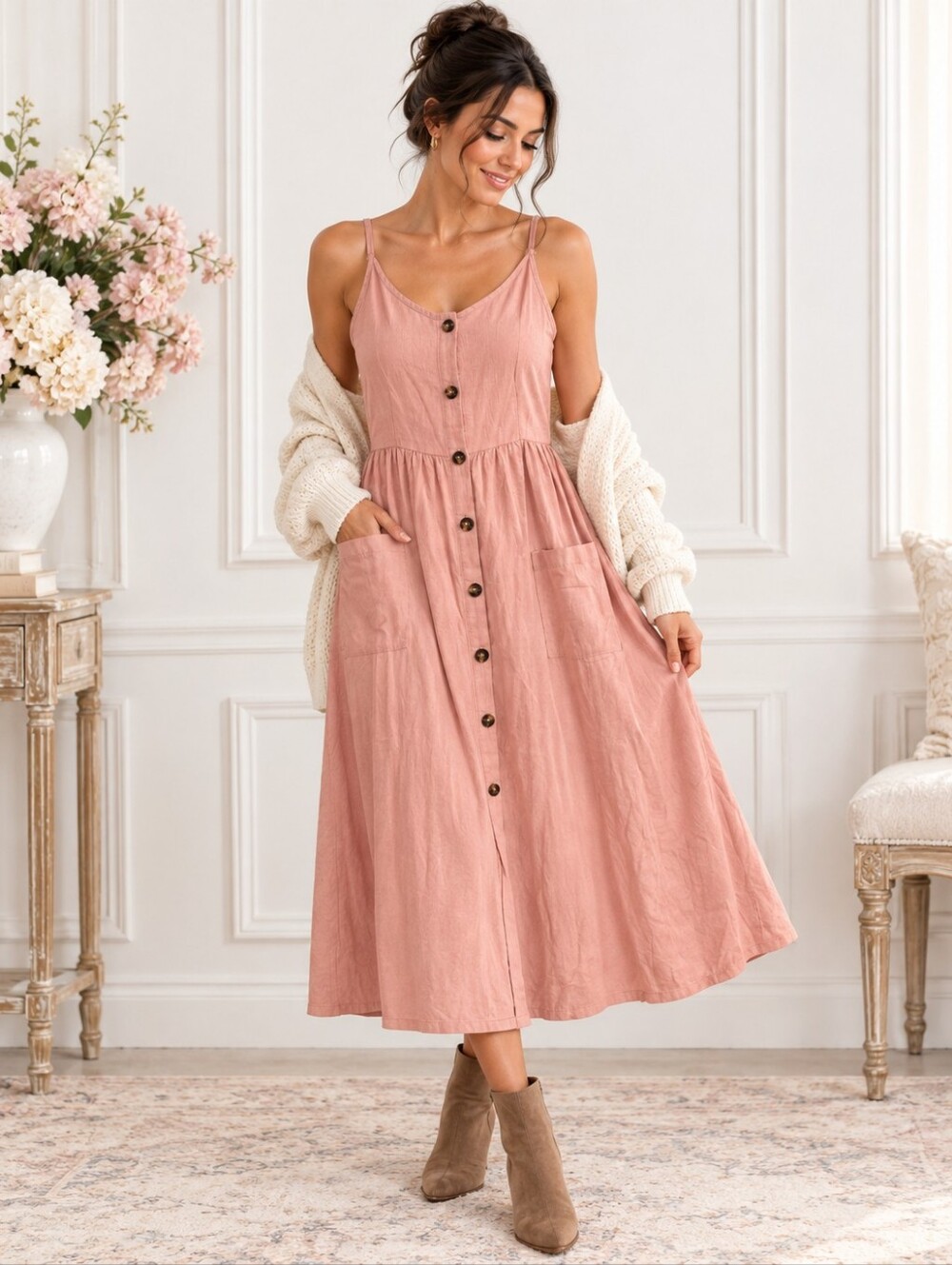 Dusty Rose Button Front Midi Dress With Pockets | Size Large